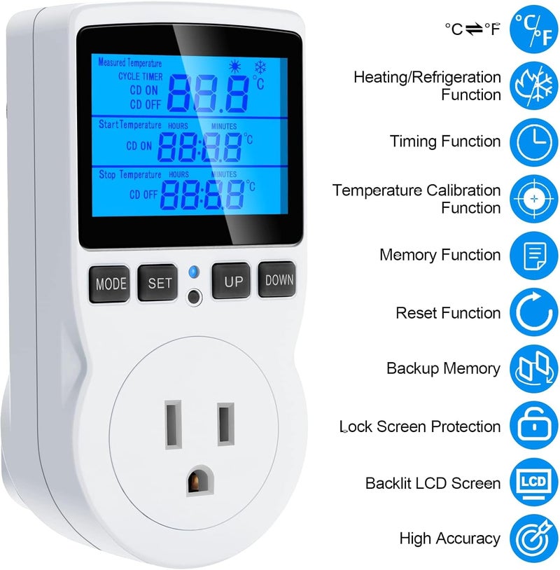 MakerHawk Digital Temperature Controller Thermostat Timer - Reptile Thermostat Controller Day Night Timer 1800W 120V 15A Temperature Controlled Outlet Plug Heating Cooling Control with Sensor （TC816） - Image 2